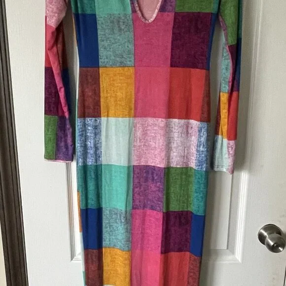 Multicolor Patchwork Color Block Long Sleeve Bodycon Maxi Dress – (Size Large) - Picture 4 of 5